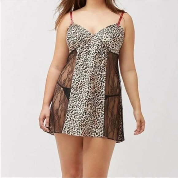 Cacique Intimates Leopard Print Lace Chemise Slip Dress Tan Black 6453 - Picture 1 of 9